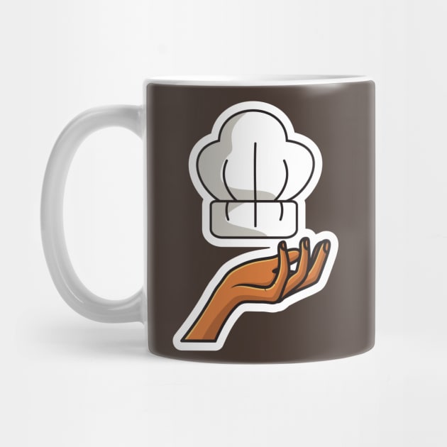 Chef Cooking Hat on Chef Hand Sticker design vector illustration. Kitchen cooking object icon concept. Creative hand and chef cap sticker design logo. Chef logo icon concept. by AlviStudio